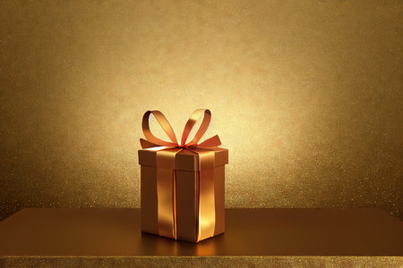 Golden Christmas background design template. Happy new year and merry xmas party abstract glitter defocused backdrop with traditional festive decoration, gifts and tree. Blurred gold bokehの素材