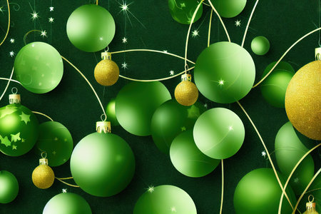 Christmas ornaments balls and baubles. Shiny vibrant color xmas and new year decoration composition. Winter holiday banner copy space for greeting card, postcard, gift wrapping and invitation posterの素材