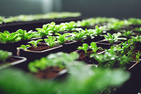 Commercial hydroponic plantation with green garden cultivated in agricultural farm. Natural organic vegetable seedling cultivation for health food marketの素材