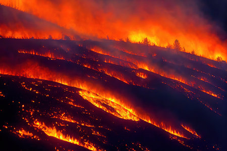 Fallen log burns in California wildfireの素材