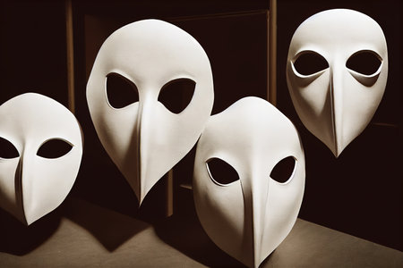 Carnival or theatrical masks with different emotions. Masks expressing happiness, joy, sadness, sadness, longing and other emotions, art performanceの素材