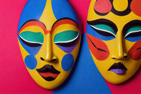 Bright, cheerful and unusual masks for carnival, pantomime and art performancesの素材