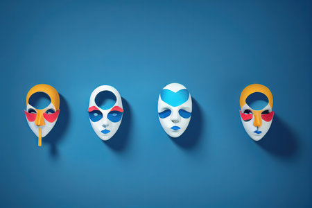 Bright, cheerful and unusual masks for carnival, pantomime and art performancesの素材