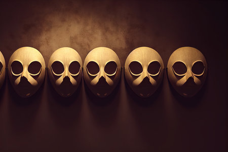 Exotic captive masks or carnival masks, drama, smiles, tragedy.の素材