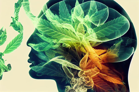 Cannabis brain organ and marijuana neurological effect on human thinking. Herbal medicine patient and effects on psychology or psychoactive THC drug conceptの素材