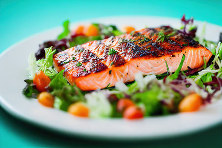 Prepared grilled salmon fish dish with vegetables on plate closeupの素材