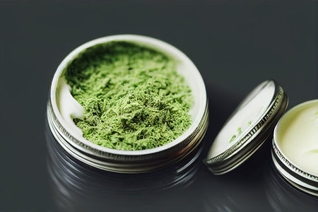 Cosmetics and tinctures with marijuana leaf, hemp extract and CBD oil. Natural, herbal organic cannabis cream and lotion in jarの素材