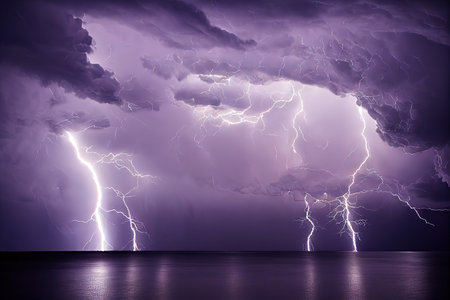 Thunderstorm with bright lightnings above sea water. Storm clouds in beautiful sky