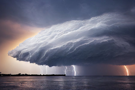 Thunderstorm with bright lightnings above sea water. Storm clouds in beautiful skyの素材