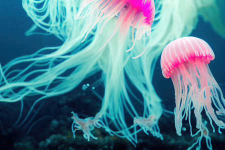 Closeup translucent blue light color jellyfish with poisonous tentacle in natural habitat. Sea moon jelly fish aurelia aurita swimming underwater glowing medusa moving in water patternの素材