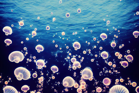 Jellyfish swimming in ocean sea background 3d illustration. Dangerous blue fluorescent transparent tropical jelly fish mysterious organism seamless patternの素材