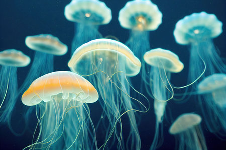 Magic glowing jellyfish underwater fairy tale background. Beautiful undersea world with bright transparent jelly fish tropical creatureの素材