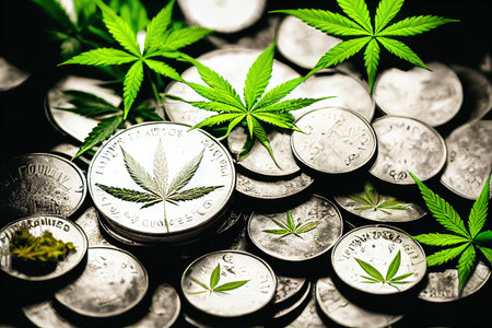 Legal marijuana distribution and illegal drug smuggling concept. Hemp seed oil, herbal medications and other cannabis products merchandise and trade business industryの素材