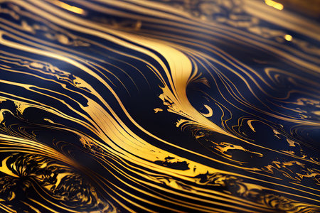 Gold fluid leak melting waves flowing abstract background. Liquid motion of golden molten metal glitter shades, pleats and splash acrylic paint textureの素材