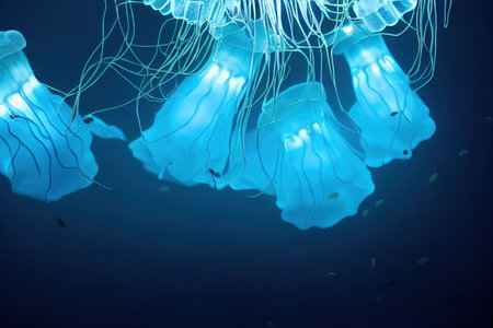 Dancing neon blue glowing jellyfish floating bell in water. Underwater sea life, marine toxic creature, aquatic wildlife beautiful background wallpaperの素材