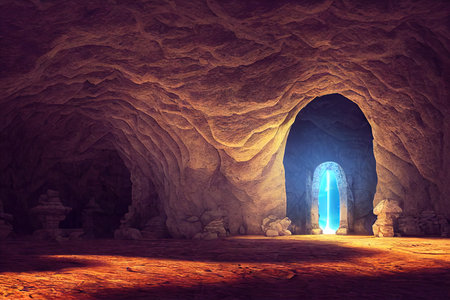Fantasy portal stone arch in mountain cave. Magic gate entrance, ancient rock tunnel with rough creepy mysterious labyrinth scene mediaeval backgroundの素材
