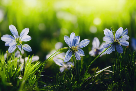 Small flowers on green meadow under sunlight closeup background digital illustrationの素材