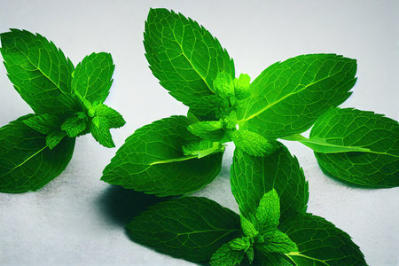 Fresh leaves and sprigs of peppermint close-up on a white background.の素材