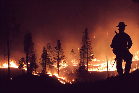 Firefighters battle a wildfire backの素材