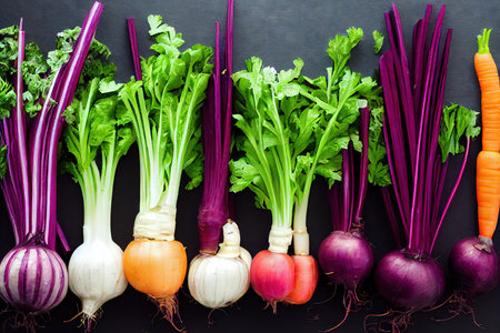 Abstract various colorful root vegetables with leaves background 3D render digital illustrationの素材