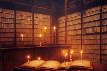 Old library room with candles and books as literature concept background digital illustrationの素材