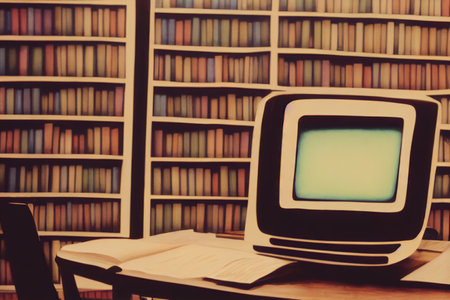 Abstract old computer on desk with book shelves in library digital illustrationの素材