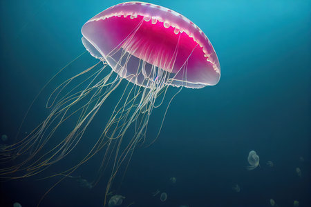 Fairy tale magic glowing jellyfish underwater. Abstract jelly fish sea creatures swimming in ocean marine depth inspiration wallpaper backgroundの素材