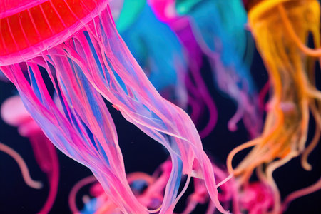 Glowing poison jellyfish floating in underwater ocean or sea. Exotic aquarium medusa creature with energy neon glowing swimming at undersea bottomの素材