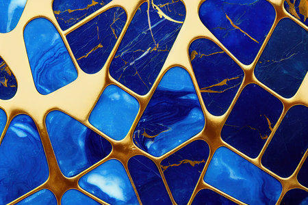Liquid gold net on blue marble surface pattern background digital illustrationの素材