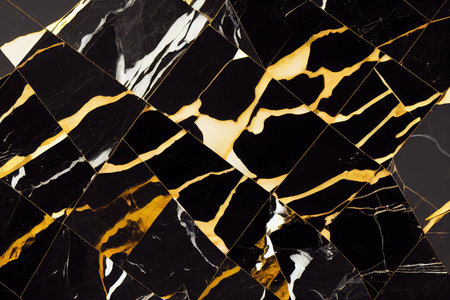 Black marble tile pieces with gold streaks decorative pattern background digital illustrationの素材