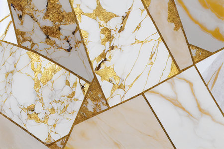 White marble tile pieces with gold grout and streaks luxury pattern background digital illustrationの素材