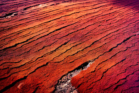 Hot paved desert asphalt outback road with cracks and splits abstract background. Closeup endless transportation highway drought auto route expressway for travel destinationの素材
