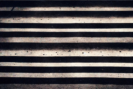 Asphalt road highway traffic surface with white safety striped marking dividing lines abstract grunge background. Scratched roadway weathered pedestrian crosswalkの素材