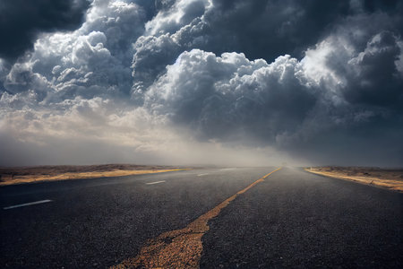 Panoramic view on highway road before thunder storm abstract background. Dramatic sky with stormy clouds over asphalt roadway with coming natural disasterの素材