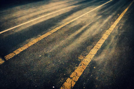 Misty asphalt road highway in smoke cloud closeup. Full frame mysterious wallpaper abstract background with foggy vapor on city street roadway and dividing traffic linesの素材