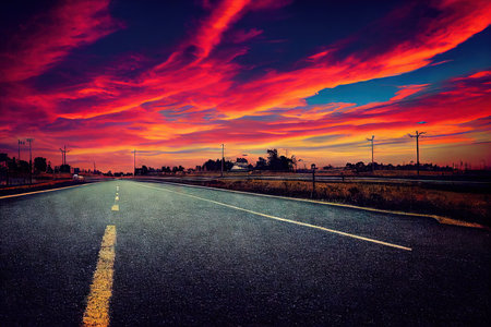 Fantasy beautiful road in colorful sunshine abstract background. Dramatic mysterious fairytale scene with highway under multicolored sunlight evening sunshine sceneryの素材
