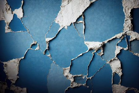 Blue cracked texture of wall with shaggy layers of paint on the abandoned concrete surface. Old damaged background with long and short cracks from paintの素材