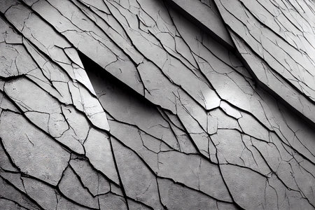 Grey abstract cracked stone surface design with different types of cracks on background. Polygonal small shapes made damaging wall texture.の素材