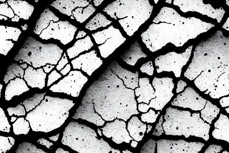 Black and grey cracked rough wall texture with various cracks from long time use. Grunge abstract surface concrete background.の素材