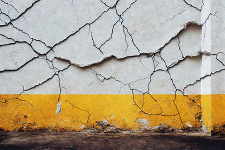 Cracked white wall with wide yellow stripe at the bottomの素材