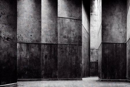Grey industrial wall with texture from geometric concrete blocks and textured grunge floor made abstract minimalist urban background.の素材