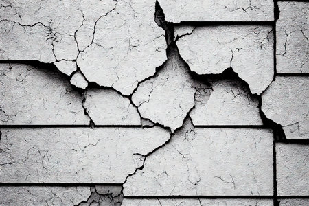 Long crack on the grey grunge cement wall. Abstract damaged wall texture with traces of destruction from old age and long time use.の素材