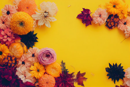 Various autumn flowers composition on yellow background with copy space 3D render digital illustrationの素材