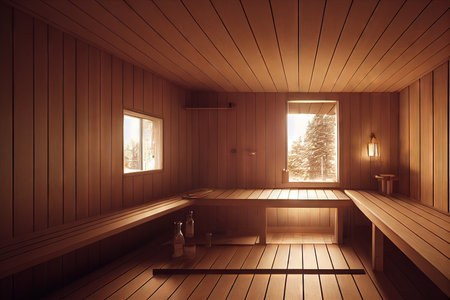 large sauna with lamp and bath accessories and view of winter fir treeの素材