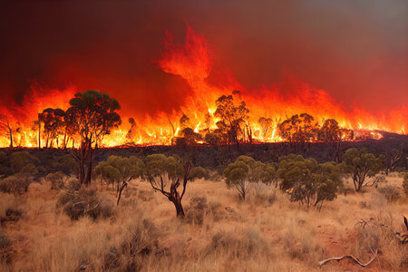 Bushfire apocalypse in forest with big destruction background. Deforestation firestorm environmental ecology hazard with wilderness devastation landscapeの素材