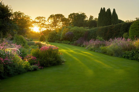 Sunset in blooming, green gardenの素材