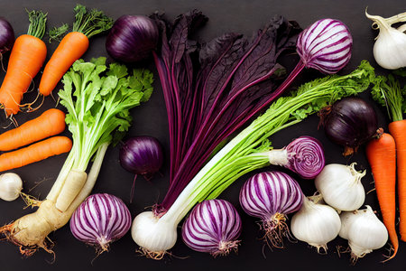 Abstract various colorful root vegetables with leaves background 3D render digital illustrationの素材