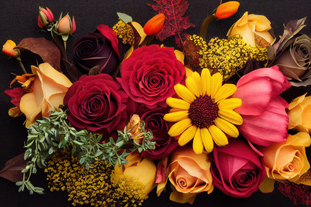 Bright autumn flowers bouquet beauty background 3D render digital illustrationの素材