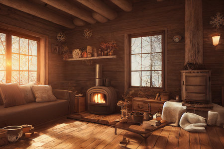 Wooden room with cream sofa burning stoveの素材