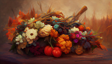 Abstract autumn flowers and leaves composition beauty background digital illustrationの素材
